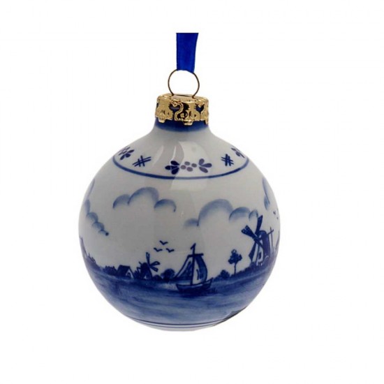 Delfter blaue Weihnachtskugel Holländische Landschaft und Windmühle