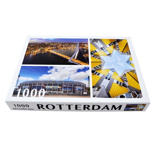 Puzzle mit Bildern von De Kuip, Würfelhäusern und der Erasmusbrücke in Rotterdam