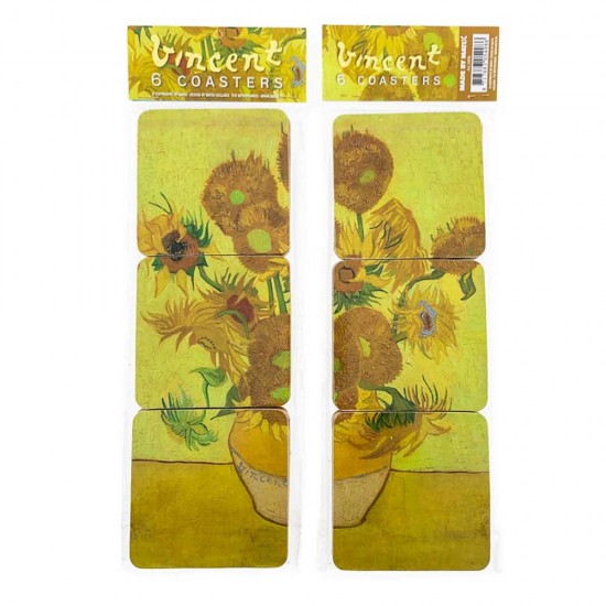 Set aus 6 Korkuntersetzern mit einem Bild der Sonnenblumen des niederländischen Meisters Vincent van Gogh