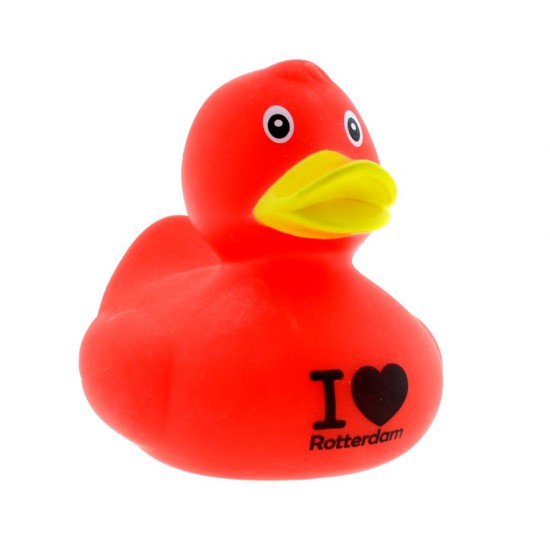 Rote Gummiente verziert mit einem Herzen mit dem Text I ♥ Rotterdam