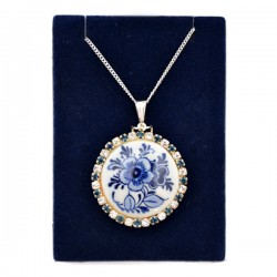 Halskette + anhänger versilbert strass delfter blau blümen rond Halskette + anhänger versilbert strass delfter blau blümen rond